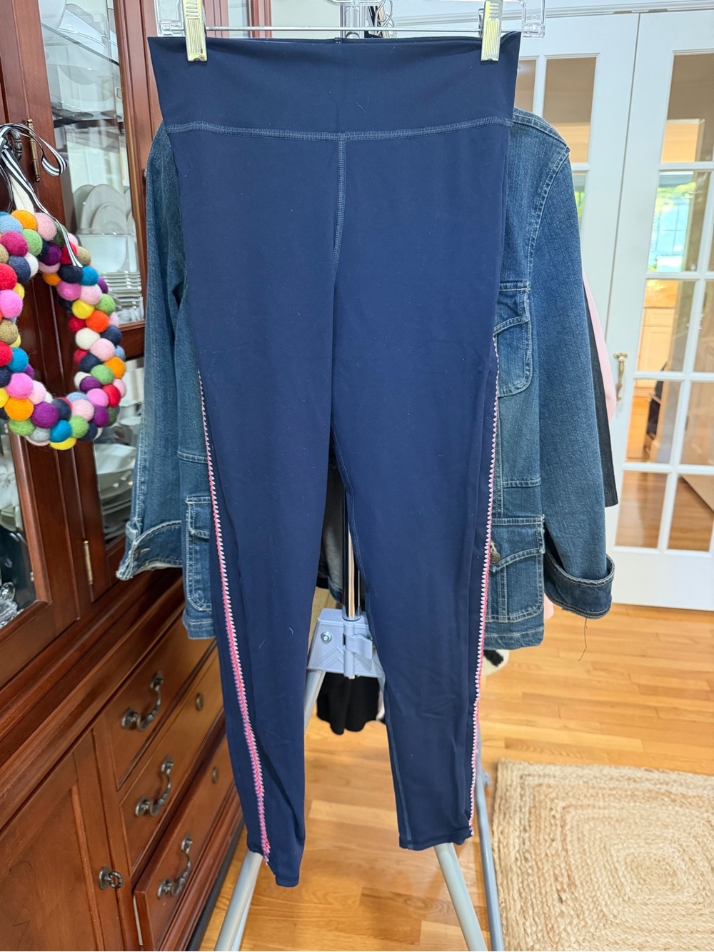 925fit Navy Leggings with Pink/Purple Side Trim tuxedo stripe